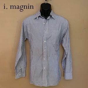 I Magnin Striped Latch Collar Dress Shirt 15.5 / 34 Made in USA VINTAGE